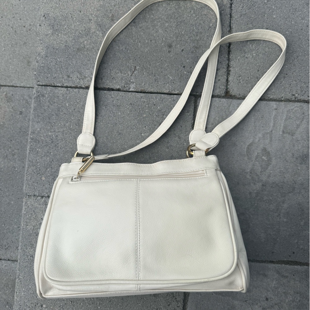 Vintage Cabin Creek Womens ivory Leather Shoulder Bag Purse Two Zip Handbag